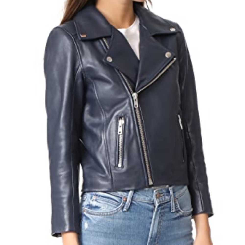 🎱 Ganni Passion Leather Biker Jacket Midnight EUC 34 XS 🎱